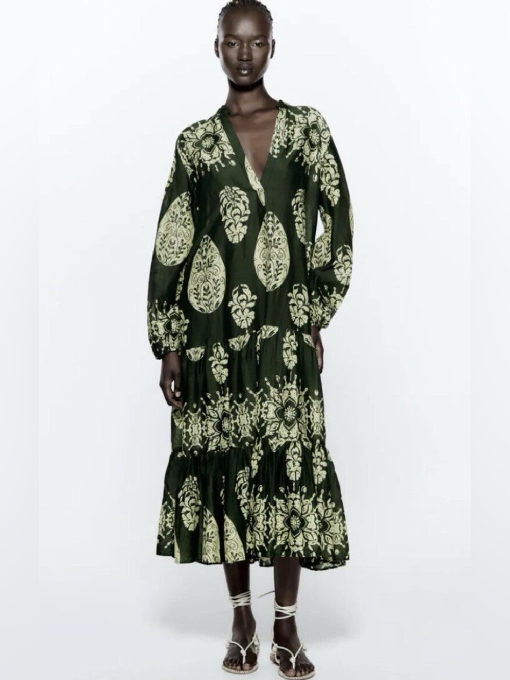 Zara Green Printed Panel Tired Dress - Picture 3 of 15